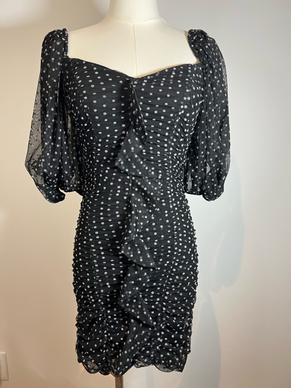 Zara Black and White Polka Dot Puff-Sleeve Chic Bodycon Dress